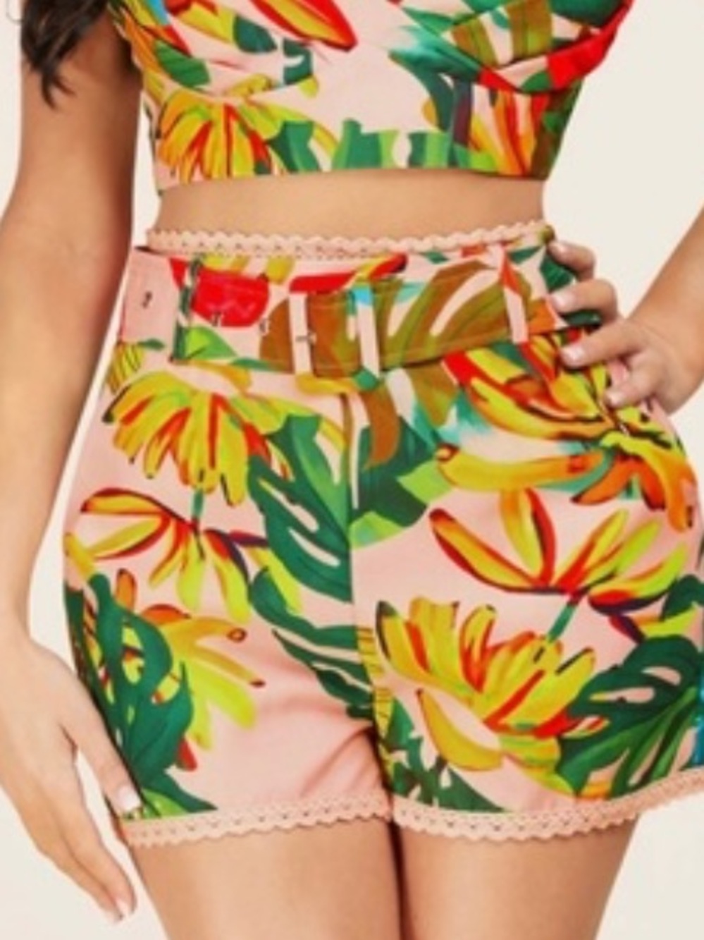 Belted Lace Trim Tropical Palm Print by L’Atiste by Amy Size Small NWOT Vacay - Picture 2 of 14